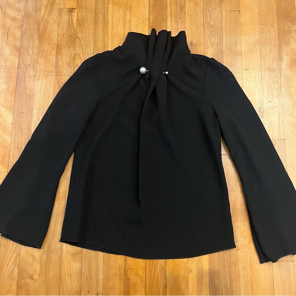 MAAC London Black Blouse Ruffled Neck Long Bell Sleeves Brooch Pin - Size 4